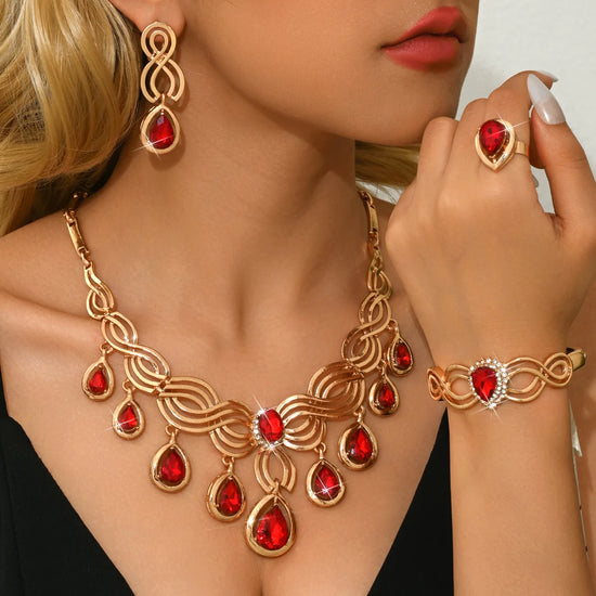 Fashionable and exaggerated diamond studded red and black water droplet necklace, earrings, rings, bracelets, four piece set