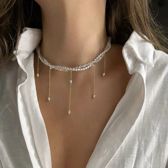 Fashion Tassel Chain Pendant Necklace For Women Boho Transparent Crystal & Imitation Pearl Chain Jewelry Valentine&