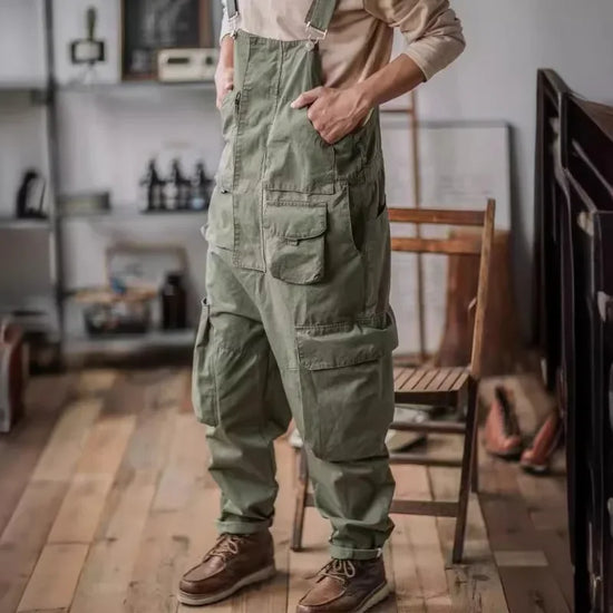 Cotton Relaxed Fit Cargo Pants Romper Fashion Workwear Loose Jumpsuit with Pockets Men Vintage Bib Overalls