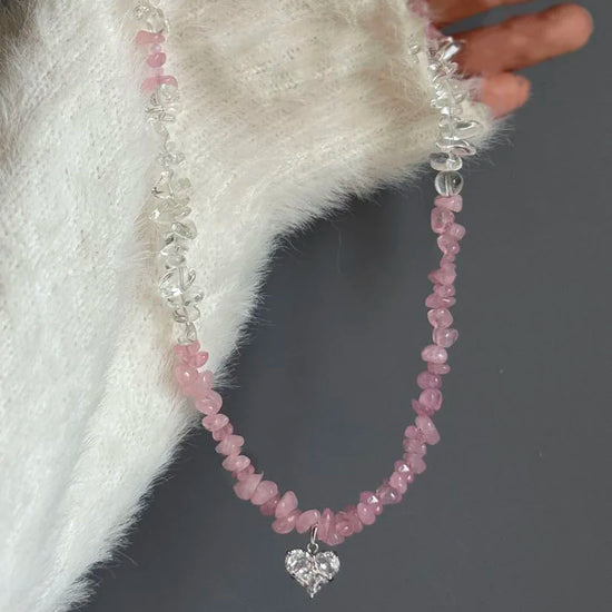 New Irregular Choker Vintage Zircon Heart Pendant Necklace For Women Female Pink & white Stone Chain Valentine&