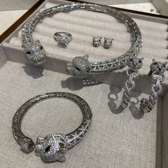Women Exaggerated Full Diamond Leopard Cut-out Bracelet Ring Female Jaguar Necklace Stud Earrings 2025