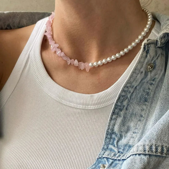 Elegant imitate Pearl Pink Stone Chain Choker Necklace For Girls Jewelry Trend Vacation Wedding Gifts X0330