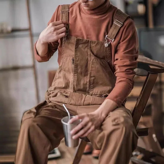 Men Vintage Bib Overalls Cotton Relaxed Fit Cargo Pants Romper Fashion Workwear Loose Jumpsuit with Pockets
