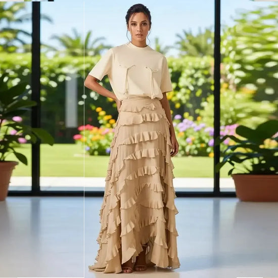 Elegant Champagne Beige Tiered Ruffle Maxi Skirt High Waist Long Flowy Skirt for Wedding Party Formal Evening Boho Gown Plus Siz