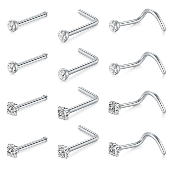 2pcs 20G Stainless Steel Nose Rings Studs L Shape Nose Screw Bone Diamond Corkscrew Nostril Piercing Jewelry Cubic Zircon