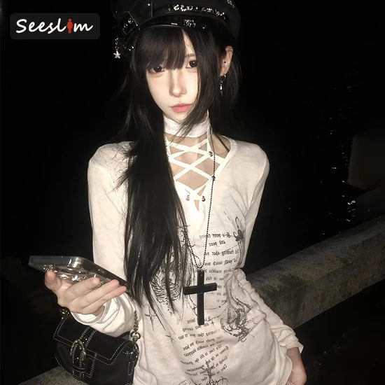Seeslim Chic Print Graphic T Shirts Woman Lace Up Youthful 2000s Clothes Y2k Long Sleeve Tees Female Clothing T-shirt Spring Top