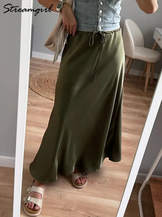 Champagne Long Skirts For Women Elegant 2025 Luxury Satin Skirt Long Beige A Line Tie Up Army Green Maxi Skirts For Women Autumn