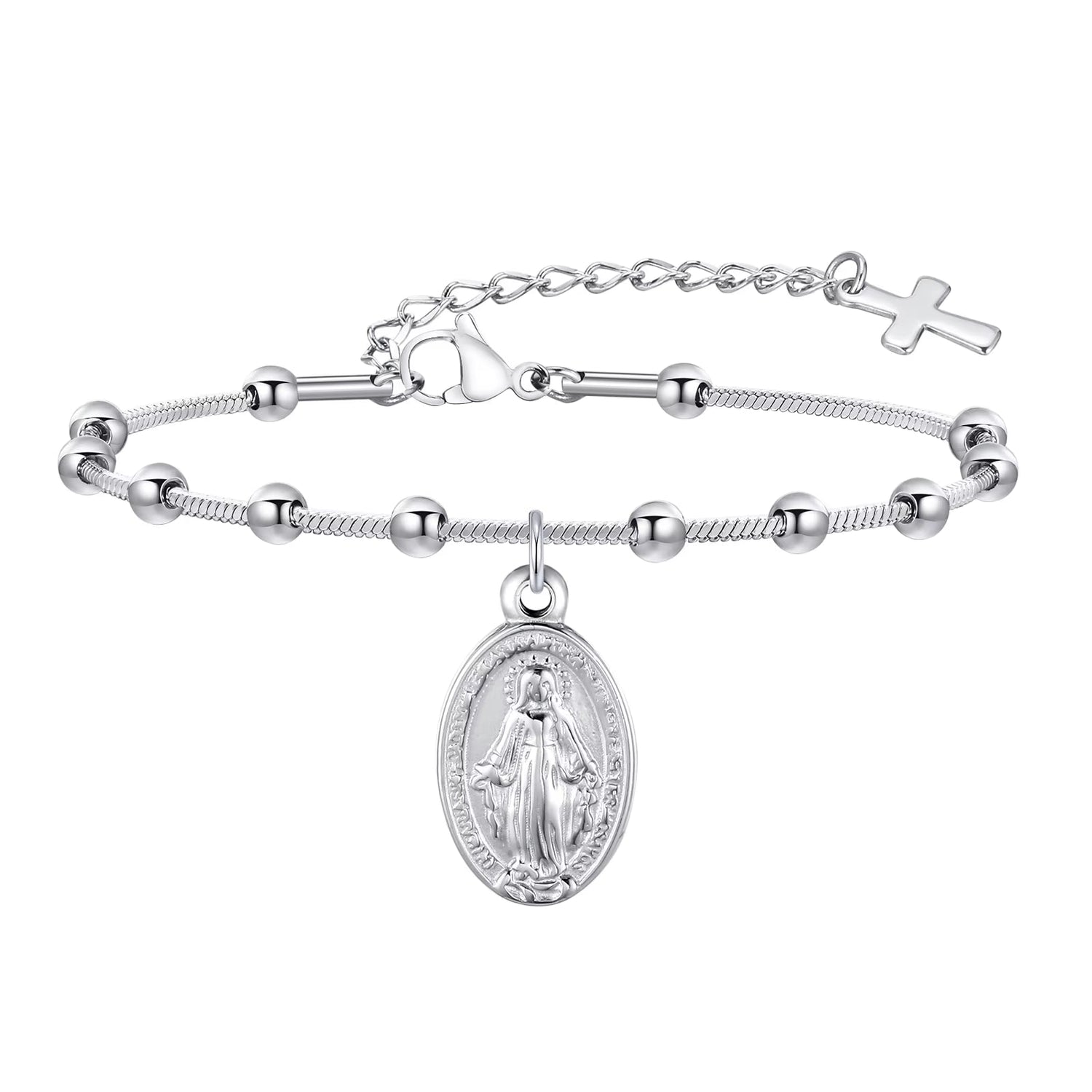 Rosary Bracelet for Women Girls, Gold Plated Stainless Steel Religious Cross and Virgin Mary Prayer Bracelets Gifts